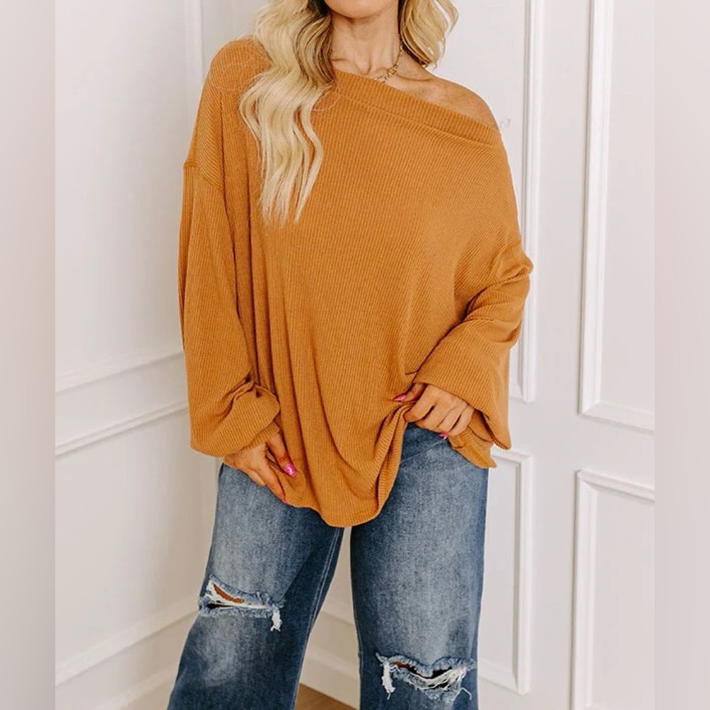🟠NWT Plus Long Sleeve Ribbed Shift Top in Camel 1X